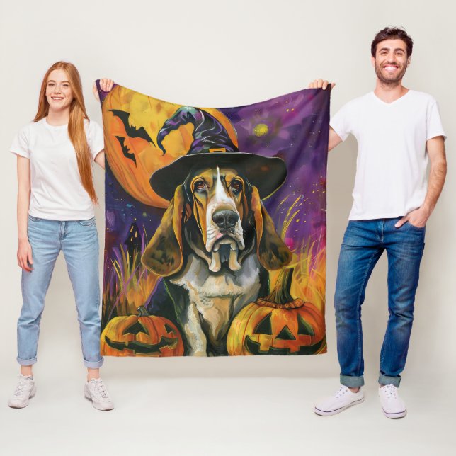 Spooky Basset Hound Halloween Witch And Pumpkin Fleece Blanket (In Situ)