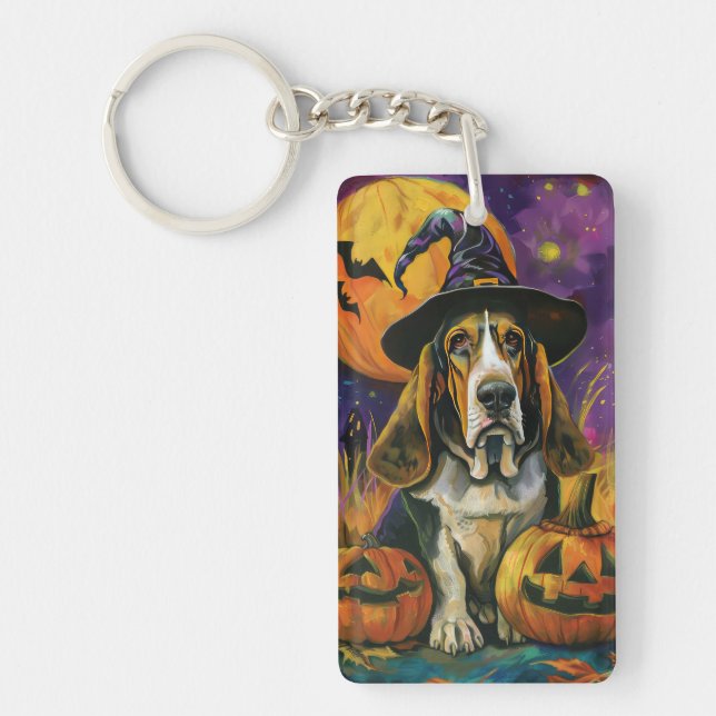 Spooky Basset Hound Halloween Witch And Pumpkin Key Ring (Front)