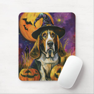 Spooky Basset Hound Halloween Witch And Pumpkin Mouse Mat