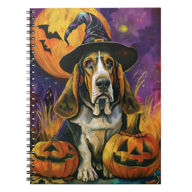 Spooky Basset Hound Halloween Witch And Pumpkin Notebook (Front)