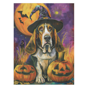 Spooky Basset Hound Halloween Witch And Pumpkin Tablecloth