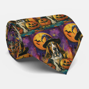 Spooky Basset Hound Halloween Witch And Pumpkin Tie