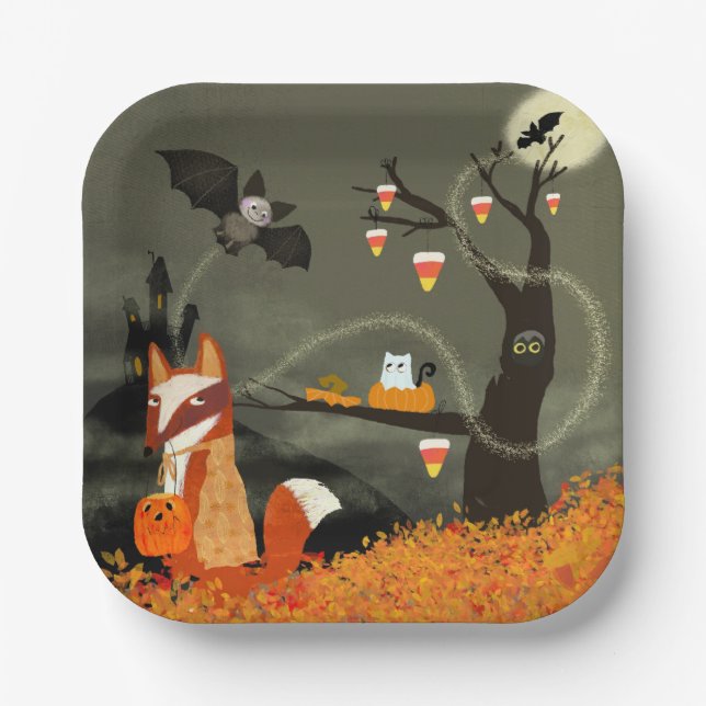 Spooky Bats and Fox Halloween Paper Plate (Front)