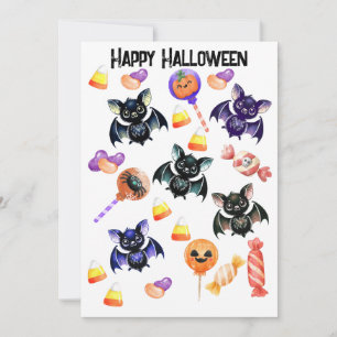 Spooky Bats Candy, Watercolor, Whimsical Halloween Holiday Card