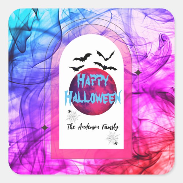 Spooky Bats Family Name Colourful Happy Halloween Square Sticker (Front)