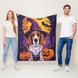 Spooky Beagle Halloween Witch And Pumpkin Fleece Blanket