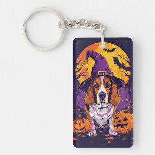 Spooky Beagle Halloween Witch And Pumpkin Key Ring
