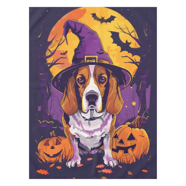 Spooky Beagle Halloween Witch And Pumpkin Tablecloth (Front)