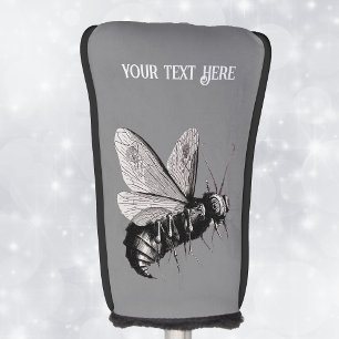 Spooky Bee Drawing in Black Skull on Wings Grey Golf Head Cover
