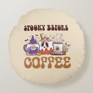 Spooky Before Coffee – Funny Ghost Coffee Brew Round Cushion