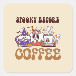 Spooky Before Coffee – Funny Ghost Coffee Brew Square Sticker