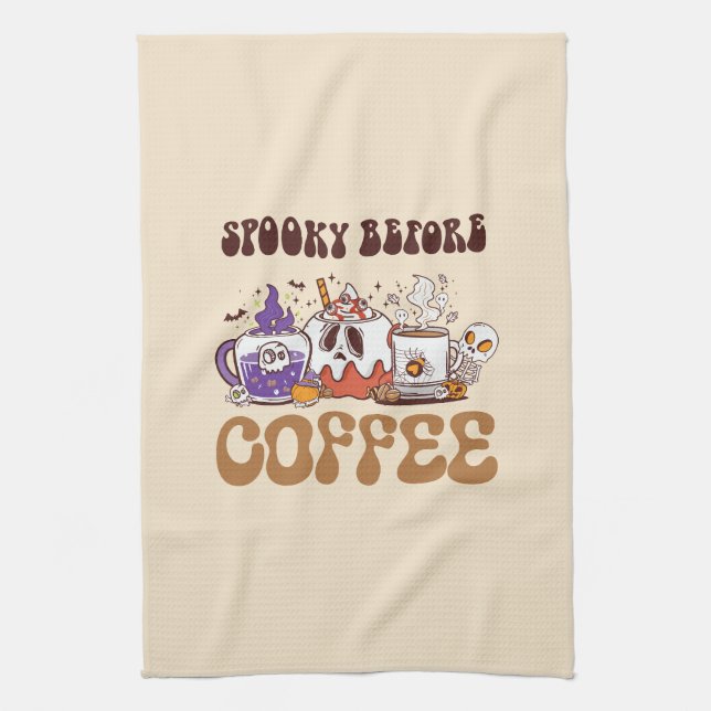 Spooky Before Coffee – Funny Ghost Coffee Brew Tea Towel (Vertical)