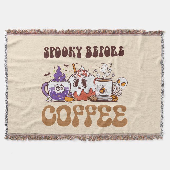 Spooky Before Coffee – Funny Ghost Coffee Brew Throw Blanket (Front)