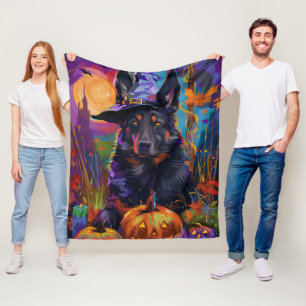 Spooky Belgian Shepherd Halloween Witch Pumpkin Fleece Blanket
