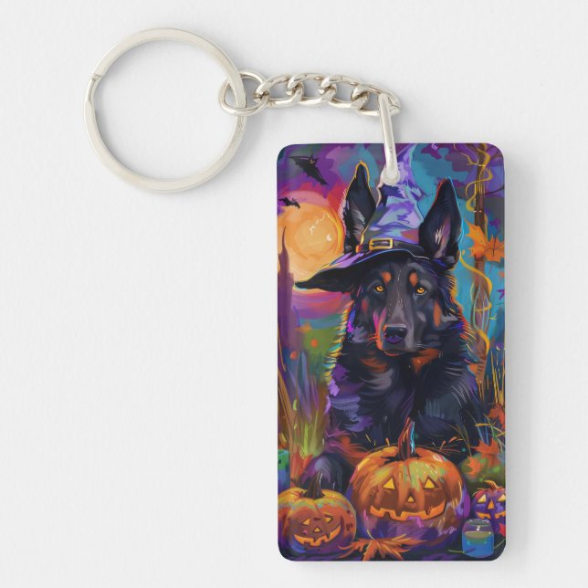 Spooky Belgian Shepherd Halloween Witch Pumpkin Key Ring (Front)