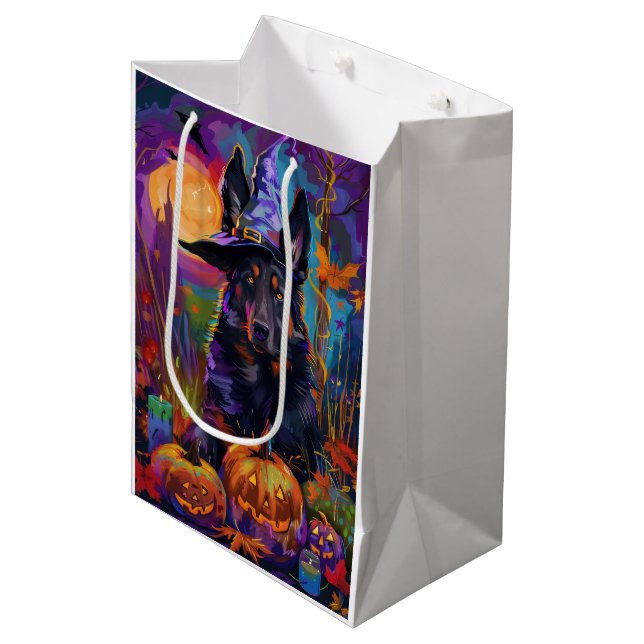 Spooky Belgian Shepherd Halloween Witch Pumpkin Medium Gift Bag (Front Angled)