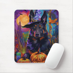 Spooky Belgian Shepherd Halloween Witch Pumpkin Mouse Mat