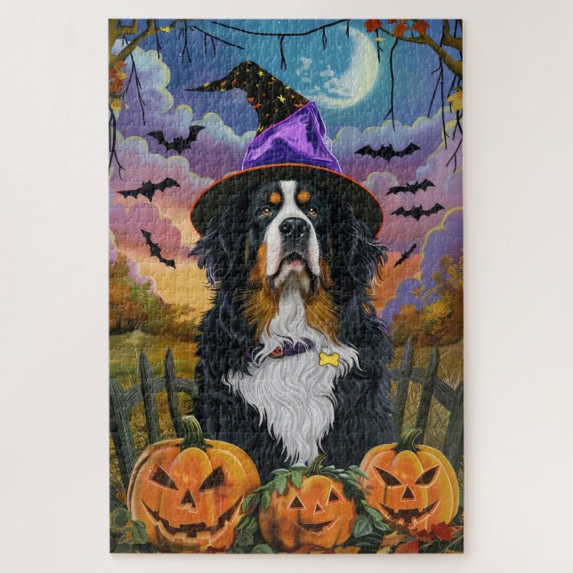 Spooky Bernese Mountain Halloween Witch Pumpkin Jigsaw Puzzle (Vertical)