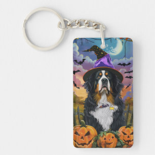 Spooky Bernese Mountain Halloween Witch Pumpkin Key Ring