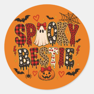 Spooky Bestie Halloween Leopard Print Mixe Classic Round Sticker