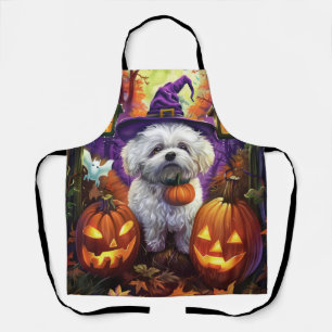 Spooky Bichon Frise Halloween Witch And Pumpkin Apron