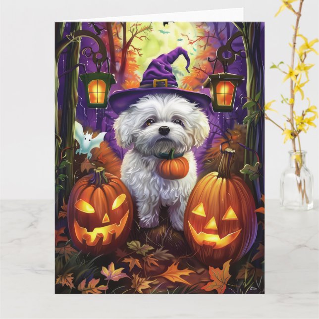 Spooky Bichon Frise Halloween Witch And Pumpkin Card (Yellow Flower)