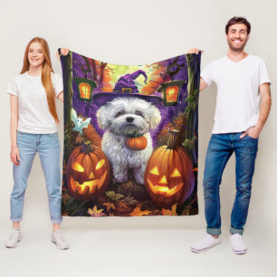 Spooky Bichon Frise Halloween Witch And Pumpkin Fleece Blanket