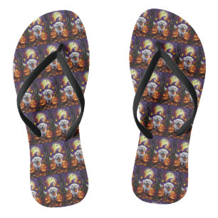 Spooky Bichon Frise Halloween Witch And Pumpkin Flip Flops