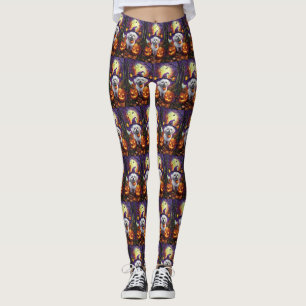 Spooky Bichon Frise Halloween Witch And Pumpkin Leggings