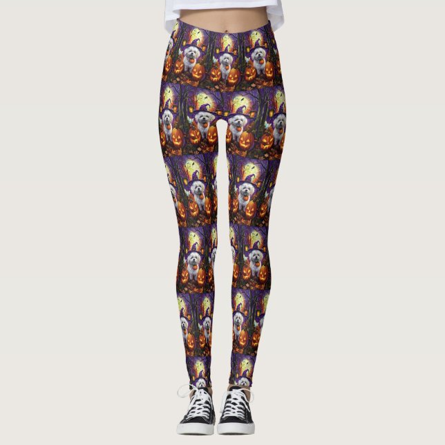 Spooky Bichon Frise Halloween Witch And Pumpkin Leggings (Front)