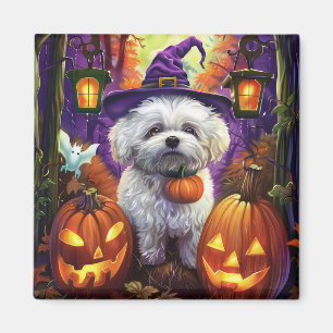 Spooky Bichon Frise Halloween Witch And Pumpkin Magnet