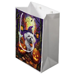 Spooky Bichon Frise Halloween Witch And Pumpkin Medium Gift Bag