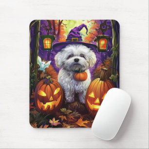 Spooky Bichon Frise Halloween Witch And Pumpkin Mouse Mat