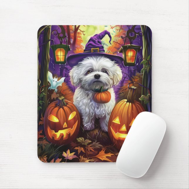 Spooky Bichon Frise Halloween Witch And Pumpkin Mouse Mat (With Mouse)