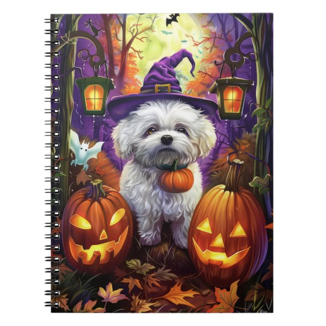 Spooky Bichon Frise Halloween Witch And Pumpkin Notebook (Front)