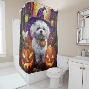 Spooky Bichon Frise Halloween Witch And Pumpkin Shower Curtain