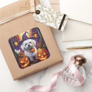 Spooky Bichon Frise Halloween Witch And Pumpkin Square Sticker