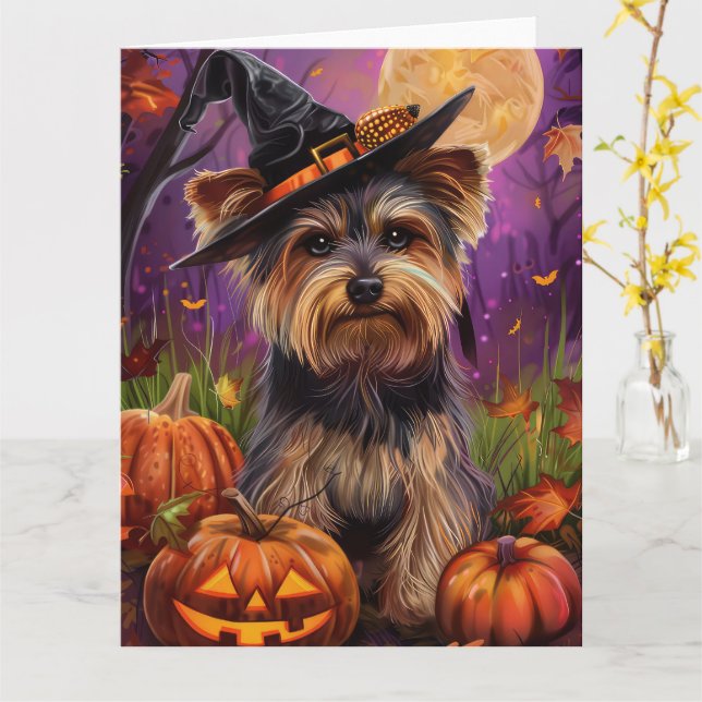 Spooky Biewer Terrier Halloween Witch And Pumpkin Card (Yellow Flower)