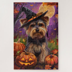 Spooky Biewer Terrier Halloween Witch And Pumpkin Jigsaw Puzzle