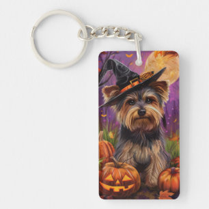 Spooky Biewer Terrier Halloween Witch And Pumpkin Key Ring