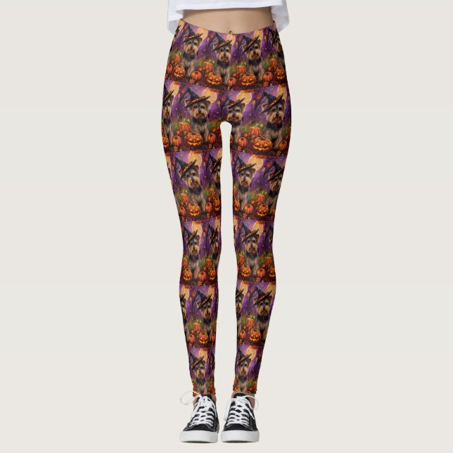 Spooky Biewer Terrier Halloween Witch And Pumpkin Leggings (Front)