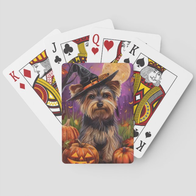 Spooky Biewer Terrier Halloween Witch And Pumpkin Playing Cards (Back)