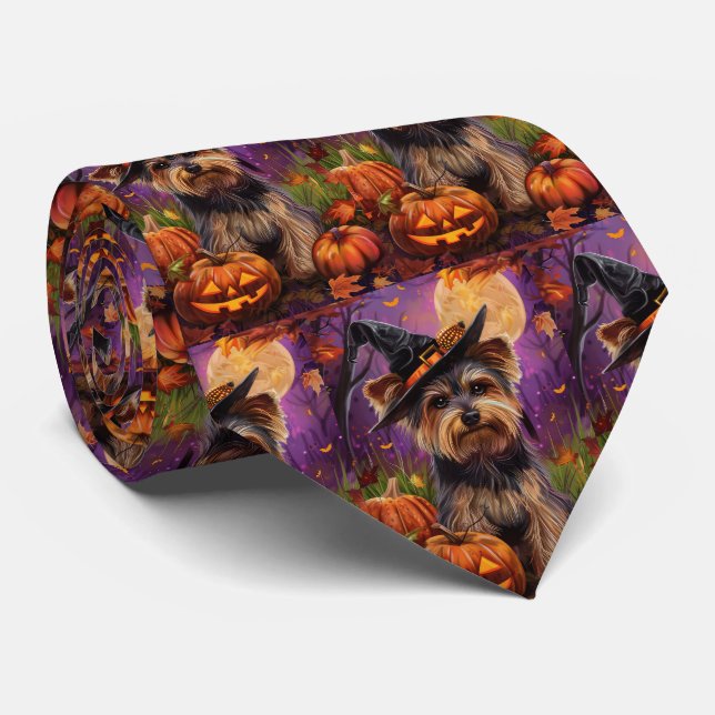 Spooky Biewer Terrier Halloween Witch And Pumpkin Tie (Rolled)
