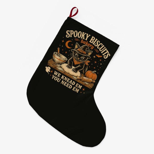 Spooky Biscuits Bakery Black Cat Halloween Large Christmas Stocking (Front (Hanging))