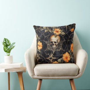 SPOOKY BLACK AND ORANGE GOTHIC HALLOWEEN SCENE CUSHION