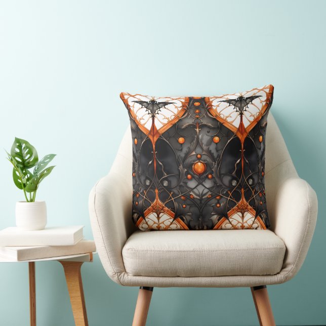 SPOOKY BLACK AND ORANGE GOTHIC HALLOWEEN SCENE CUSHION (Chair)