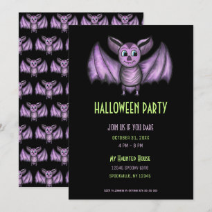 Spooky Black and Purple Bat Halloween Party Invitation