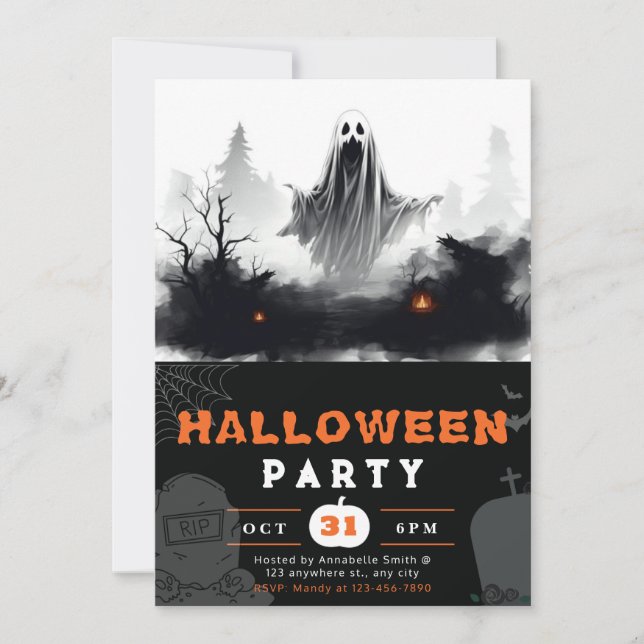 Spooky Black and White Ghost Creepy Halloween Invitation (Front)