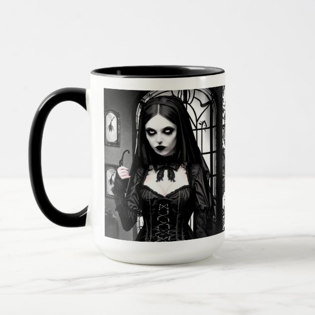 Spooky Black and White Gothic Girl  Mug (Left)