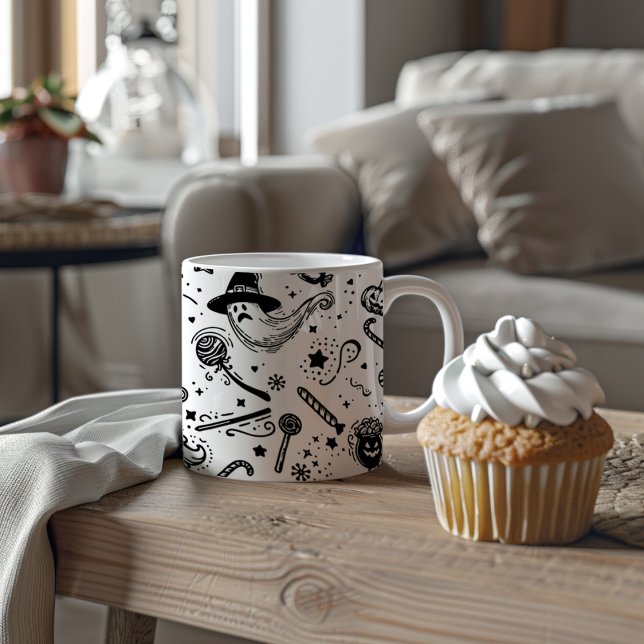 Spooky Black And White Halloween Line Art Two-Tone Coffee Mug (Creator Uploaded)